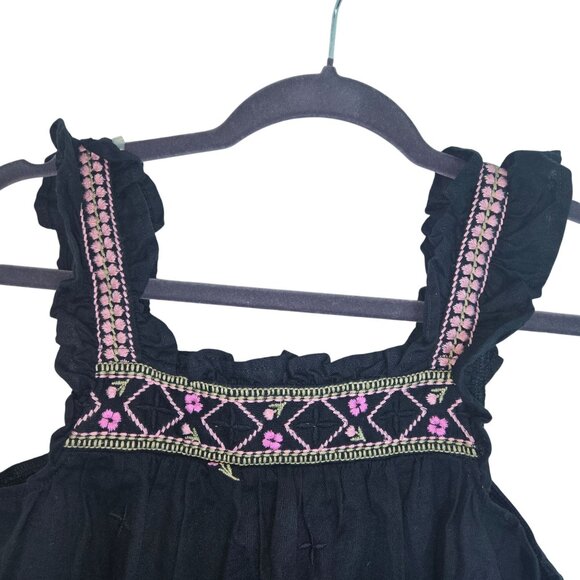 Black Floral Embroidered Sleeveless Top With Ruffle Straps & Geometric Bodice De - Picture 4 of 8